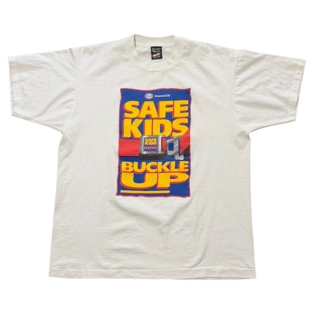 Vintage 90s Esso Imperial Oil Gas Safe Kids Buckle Up Seatbelt Law Promo T-Shirt